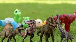 Unboxing red dinosaur toy, toy eggs, sheep, water turtle, plane, green dinosaur, and blue fish.