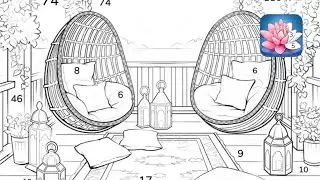 Bohemian style wooden cabin with two rattan swing chairs | Coloring Games
