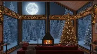 ❄️Winter Cabin Fireplace❄️ Cozy Fire Crackles & Full Moon Snow Views | Relax