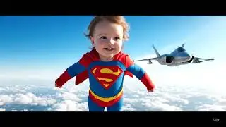 Baby flying like superman in air with hyper sonic plane