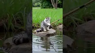 Cute Kitty Learning to Fish~  🐱🎣😂 #funnypets #cat #cutepets#funny #fish #shorts #fishing #pets