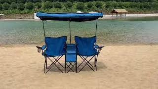 Double Camping Chair with Canopy Shade Beach Chairs with Cup Holder Cooler Bag