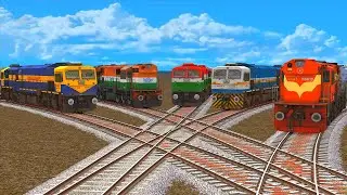 4 Colorful Trains vs Untidy Railroad Track | Bumpy Forked Crisscross Untidy Railroad Track #140