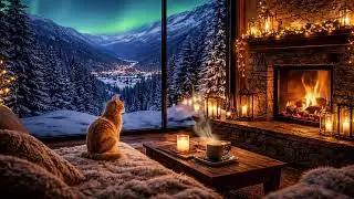 Relax at Home Alone With My Cat by Fireplace and Tea 🐈 Cozy Jazz Sound , Fireplace & Northern Lights