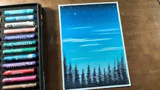 Cielo Azul y Estrellas sobre el bosque con Óleo Pastel