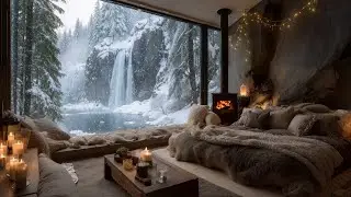 Cozy Winter Ambience ❄️ Frozen Waterfall & Crackling Fireplace with Relaxing Jazz for Sleep & Study