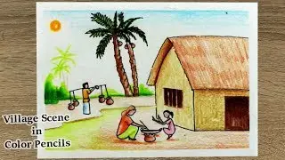 How to draw village winter scene for kids with color pencils