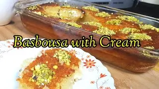 Basbousa with cream|| Arabic dessert||simple & easy creamy basbousa recipe||semolina cake with cream