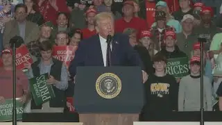 President Trump speaks at Michael Whatley rally in Rocky Mount as supporters and protestors gathe...