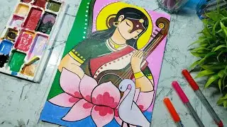 Saraswati Devi Drawing With Acrylic Colours 🥰 Mata Saraswati Devi Drawing Tutorial