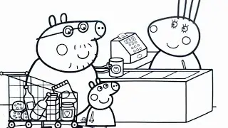 Peppa pig grocery shopping, Bill counter drawing, Peppa pig Colouring sheets, easy drawing 