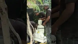 Placement in Progress of 3ft Buddha Sculpture on 5ft Granite Water Fountain