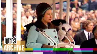 1973: Королева Елизавета II открывает статую сэра Уинстона Черчилля