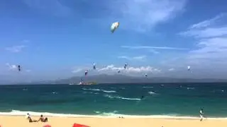 Kite surfers at Plaka Beach, Naxos. Timelapse