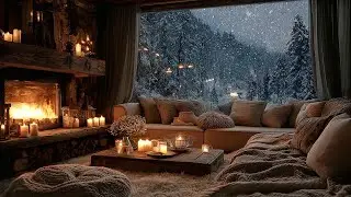 Relaxing Snowy Cabin Night 🏔️ Cozy Fireplace Sounds and Winter Storm Ambience for Better Sleep