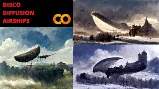 Airships. A Simple Greg Rutkowski Disco Diffusion Prompt. Slideshow of Summer, Winter & Ominous.