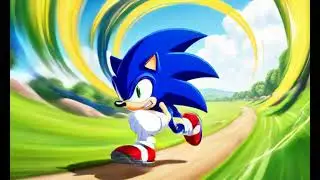 Sonic the Hedgehog style blue hedgehog running fast, cartoon animation style, dynamic motion, colorf