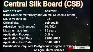 Central Silk Board 122 Scientist-B Recruitment Notification |CSB Crop, Veterinary and Animal apply