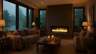 10 HRS 4K - Modern Hearth & Forest Rain ⛈️🔥 | Deep Sleep, Focus, Soothing Ambience for Stress Relief
