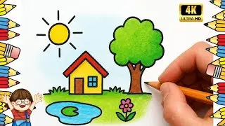 How to Draw A House 🏡 Tree and Sun | Easy Scenery Drawing for Kids | Step by Step Tutorial