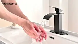 Hoimpro Black Waterfall Spout Bathroom Faucet, Solid Brass/ Matte Black
