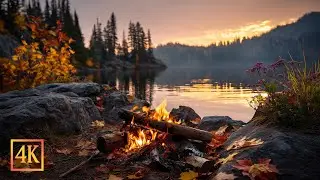 🍂🔥 Relaxing Autumn Evening by the Fire &mdash; Cozy Lakeside Forest Ambience in 4K 🌅