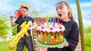 Action Nerf War: SWAT & Beautiful Girl Nerf Guns Dispute Birthday Cake Battle Prank Wars