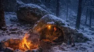Winter Bushcraft Camping | Survival Shelter Between Two Rocks in Snowy Forest