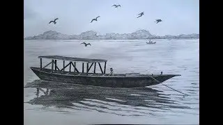 Simple boat drawing in pencil | pencil sketch for beginners | river drawing