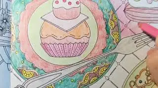 Antistress coloring page Fantasy Dream. Figure cake, dishes. Art therapy. Video 6