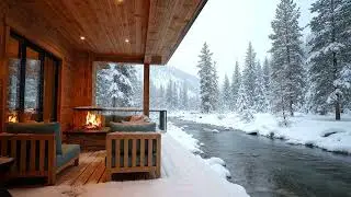 Peaceful Winter River Cabin ❄️ Snowfall, Fireplace & Cozy Jazz Ambience