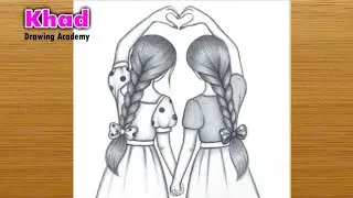 Sisters Making a Heart with Hands | Pencil drawing of two sisters | Sisters Drawing|