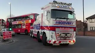 Dynes FH73AMY tows Arriva LJ13CDU in to Enfield bus garage 9th January 2024