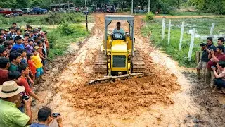 Nice Project! Build Strong Road By Power Bulldozer Pushing Soil And 5 Ton Dump Trucks Unloading Soil