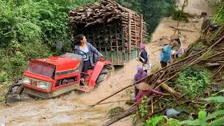 The mechanical girl worked as a driver, driving the tractor up a steep hill to load firewood