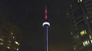 CN TOWER LIGHT SHOW ( MULTI COLOURS ), TORONTO, ON, CANADA. OCT 2017.