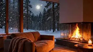 Midnight Frost Jazz  Warm Fireplace & Snowy Cafe Night