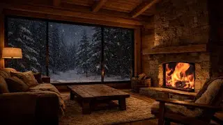 Cozy Winter Cabin Ambience 🌲❄️ Fireplace Glow & Snowfall | Relaxing Night Atmosphere