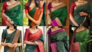 Simple Dark Green Color Silk Saree Collections😍|Latest Dark Green Color Saree With Contrast Blouse💗|
