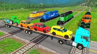 Flatbed Trailer McQueen Transportation with Truck - Speedbumps vs Cars vs Train - BeamNG.Drive #142