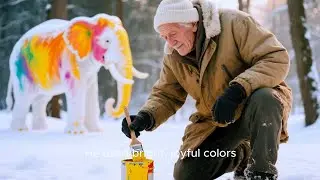 The old man and his dog used branches and snow to make a model of an elephant family