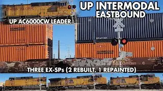 TRIO EX-SPs! UP 6899 New Paint AC6000 On Intermodal EB, AZ Public Corp Rd Crossing, Red Rock, AZ