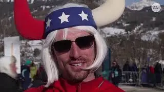Mikaela Shiffrin gold medal reaction from fans in Cortina after Olympic slalom skiing run
