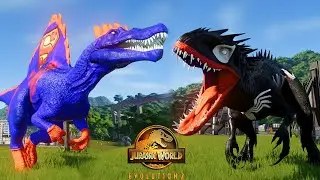 SUPERHERO VENOM (INDOMINUS REX) vs SUPERMAN (SPINOSAURUS) MOD - Fight - Jurassic World Evolution 2