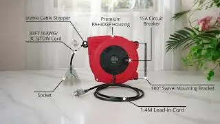 10.5A Heavy Duty Retractable Cord Reel, 33+5FT Retractable Extension Power Cord