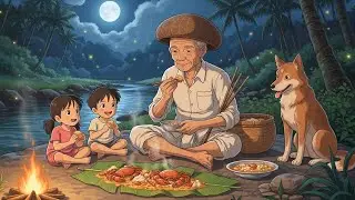 Grandfather & Children Cooking Crab Under Moonlight | Cozy Ghibli Village Life