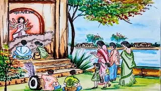 Maha Sasti Scenery Drawing | Durga Puja Begins | Bengali Festival Vibes | Beautiful Village scenery 