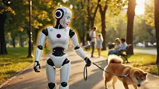 AI ROBOT walk the dog in the park