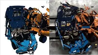 LS-DYNA&reg; simulation vs. real LEGO&reg; crash - Porsche (42056) vs. Bugatti (42083) view from top left