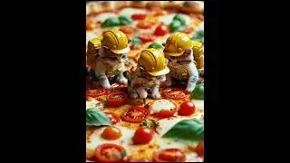 macro shot of tiny cat construction workers crafting an enormous pizza.#cat#funnyanimals#prettycat